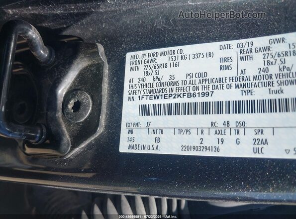 1FTEW1EP2KFB61997 2019 FORD F150 Gray Вид підкапотного простору