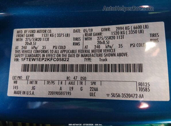 1FTEW1EP2KFC05822 2019 FORD F150 Blue Widok komory silnika