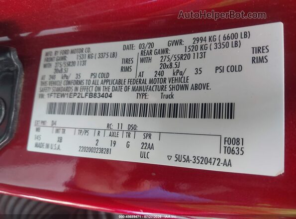 1FTEW1EP2LFB83404 2020 FORD F150 Красный Вид подкапотного пространства