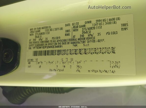 1FTEW1EP2NKE34691 2022 FORD F150 White ძრავის განყოფილების ხედი