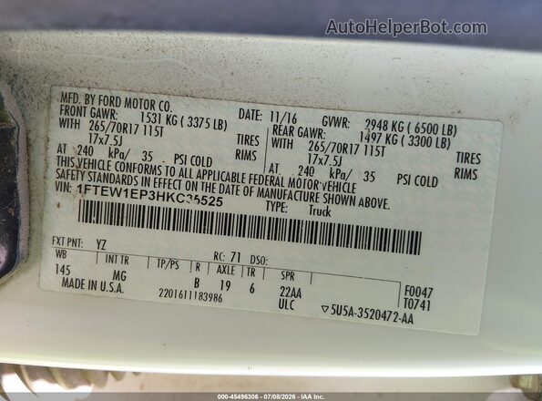 1FTEW1EP3HKC35525 2017 FORD F150 White Շարժիչի բաժամունքի տեսք