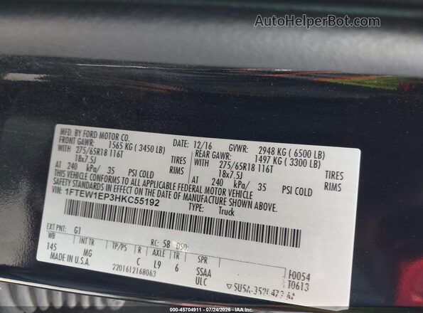 1FTEW1EP3HKC55192 2017 FORD F150 Black Շարժիչի բաժամունքի տեսք