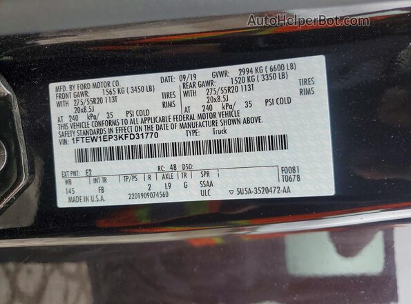 1FTEW1EP3KFD31770 2019 FORD F150 Угольный Вид подкапотного пространства