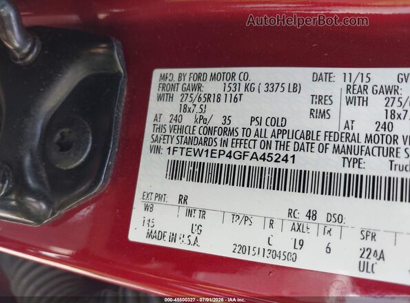 1FTEW1EP4GFA45241 2016 FORD F150 Red Շարժիչի բաժամունքի տեսք