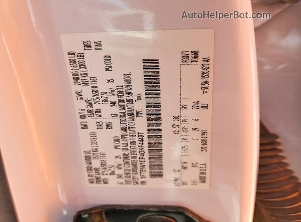 1FTEW1EP4GKF44497 2016 FORD F150 White Vista de la etiqueta del VIN