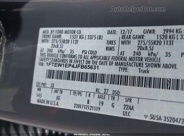 1FTEW1EP4JFB65631 2018 FORD F150 Gray Вид підкапотного простору