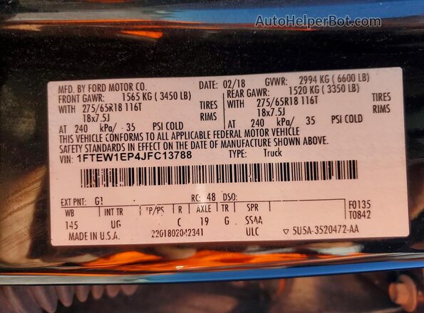 1FTEW1EP4JFC13788 2018 FORD F150 Черный Вид наклейки с VIN-кодом