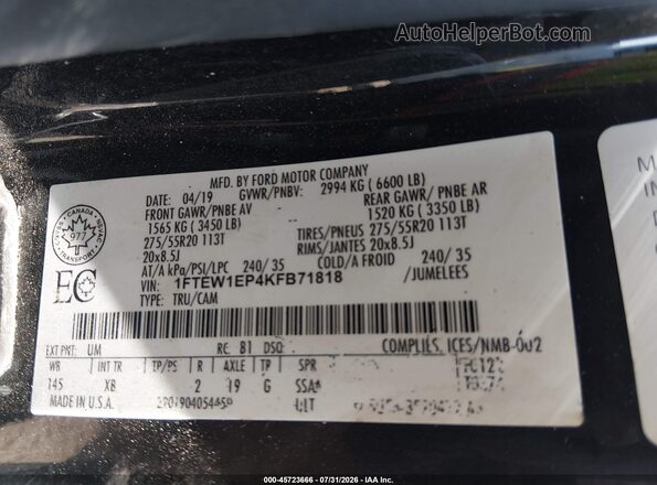 1FTEW1EP4KFB71818 2019 FORD F150 Black Vista del compartimento del motor
