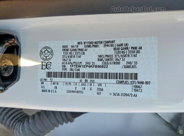 1FTEW1EP4KFB86822 2019 FORD F150 White VIN sticker view