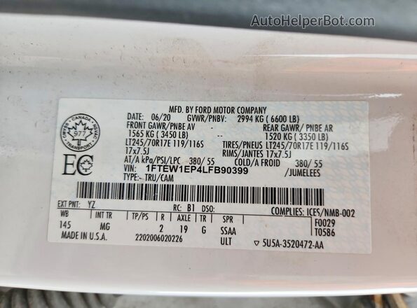 1FTEW1EP4LFB90399 2020 FORD F150 White Вид підкапотного простору