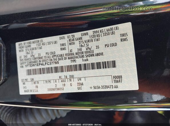 1FTEW1EP4LFC37785 2020 FORD F150 Black Engine compartment view