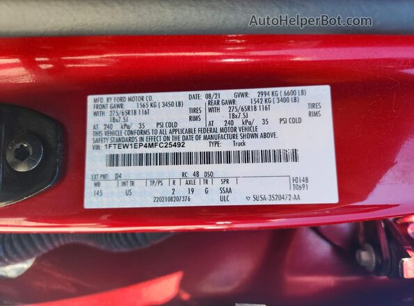 1FTEW1EP4MFC25492 2021 FORD F150 Red Engine compartment view