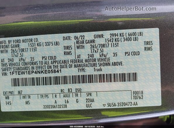 1FTEW1EP4NKE05841 2022 FORD F150 Gray Vista del compartimento del motor