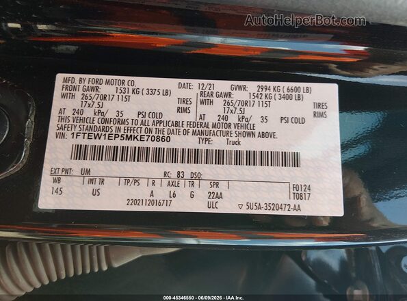1FTEW1EP5MKE70860 2021 FORD F150 Black Вид підкапотного простору