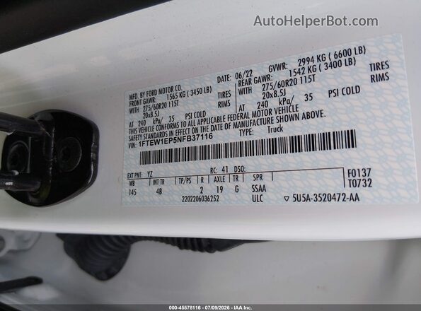 1FTEW1EP5NFB37116 2022 FORD F150 White Շարժիչի բաժամունքի տեսք