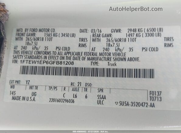 1FTEW1EP6GFB81208 2016 FORD F150 White Widok komory silnika