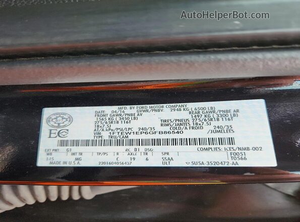 1FTEW1EP6GFB86540 2016 FORD F150 Black Widok naklejki z numerem VIN