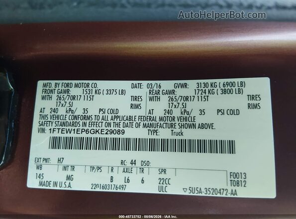 1FTEW1EP6GKE29089 2016 FORD F150 Темно-бордовый Вид подкапотного пространства