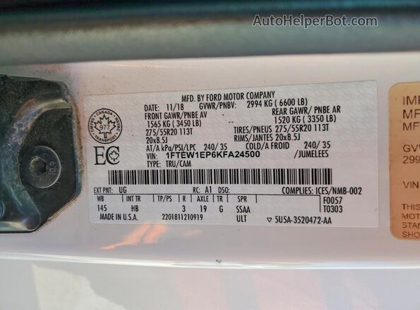1FTEW1EP6KFA24500 2019 FORD F150 White Շարժիչի բաժամունքի տեսք