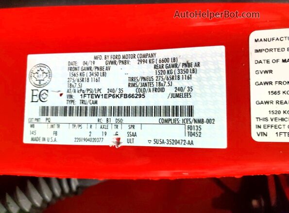 1FTEW1EP6KFB66295 2019 FORD F150 Red Engine compartment view