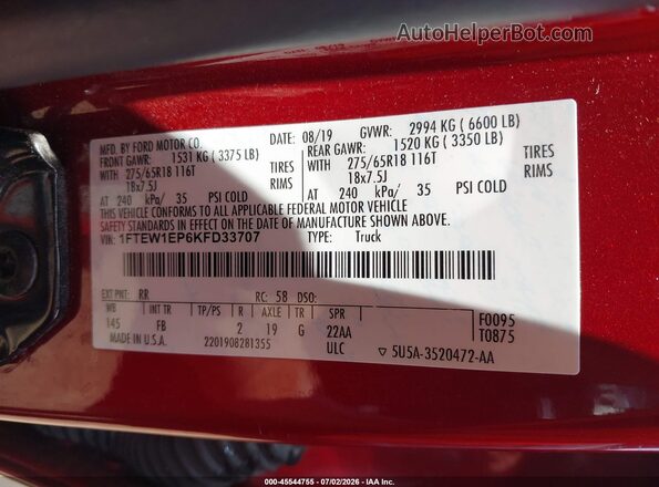 1FTEW1EP6KFD33707 2019 FORD F150 Burgundy Vista del compartimento del motor