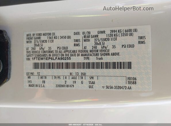 1FTEW1EP6LFA90255 2020 FORD F150 White Вид підкапотного простору