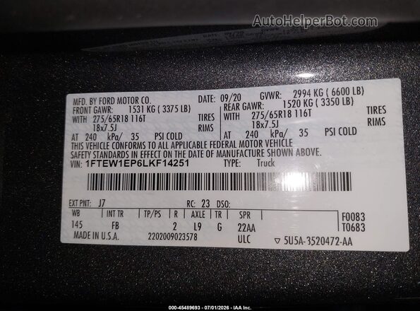 1FTEW1EP6LKF14251 2020 FORD F150 Gray Widok komory silnika