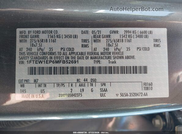1FTEW1EP6MFB52691 2021 FORD F150 Gray Вид підкапотного простору