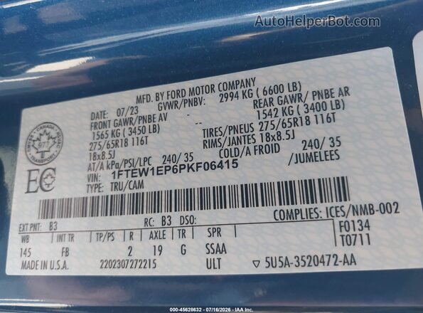 1FTEW1EP6PKF06415 2023 FORD F150 Blue Շարժիչի բաժամունքի տեսք