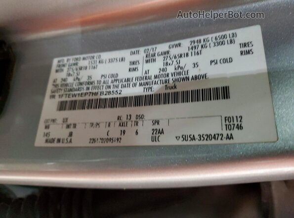 1FTEW1EP7HFB28552 2017 FORD F150 Silver Widok naklejki z numerem VIN