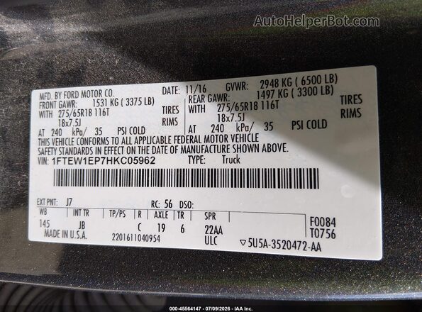 1FTEW1EP7HKC05962 2017 FORD F150 Gray Engine compartment view