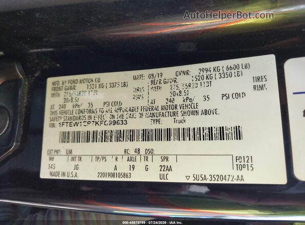 1FTEW1EP7KFC99633 2019 FORD F150 Black Widok komory silnika