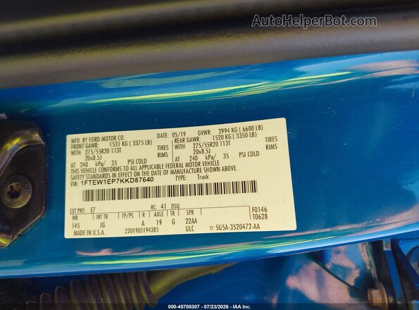 1FTEW1EP7KKD87640 2019 FORD F150 Blue Շարժիչի բաժամունքի տեսք