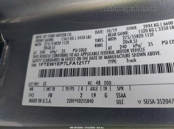 1FTEW1EP7LFA12177 2020 FORD F150 Silver Vista del compartimento del motor