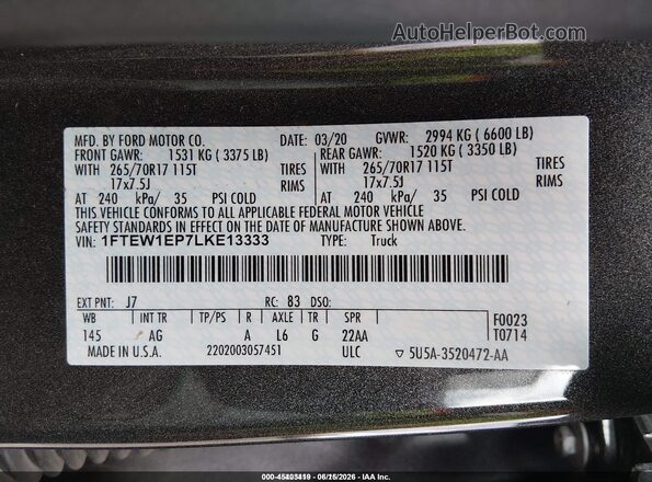 1FTEW1EP7LKE13333 2020 FORD F150 Gray Widok komory silnika