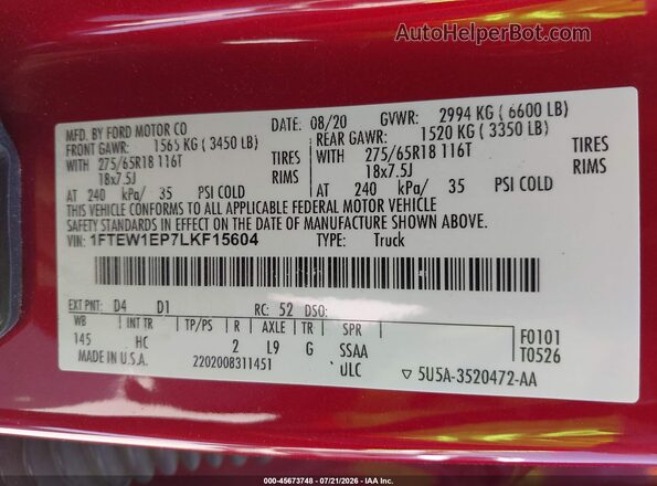 1FTEW1EP7LKF15604 2020 FORD F150 Red Vista del compartimento del motor