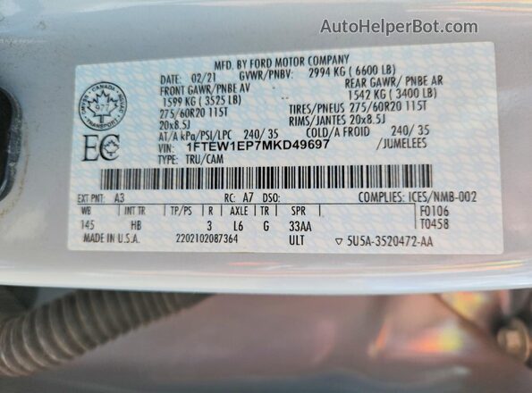1FTEW1EP7MKD49697 2021 FORD F150 White Widok komory silnika