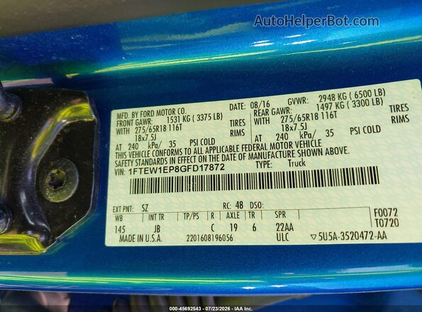 1FTEW1EP8GFD17872 2016 FORD F150 Blue Engine compartment view