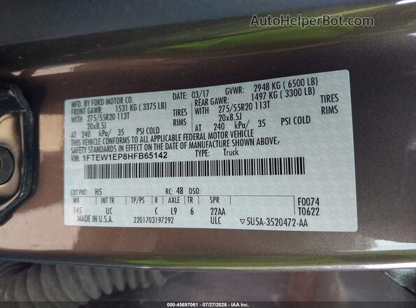 1FTEW1EP8HFB65142 2017 FORD F150 Gray Engine compartment view
