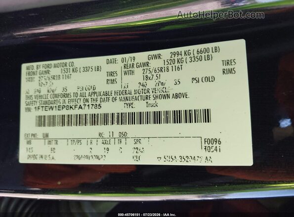 1FTEW1EP8KFA71785 2019 FORD F150 Черный Вид подкапотного пространства