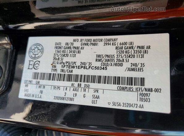 1FTEW1EP8LFC50345 2020 FORD F150 Black Widok naklejki z numerem VIN