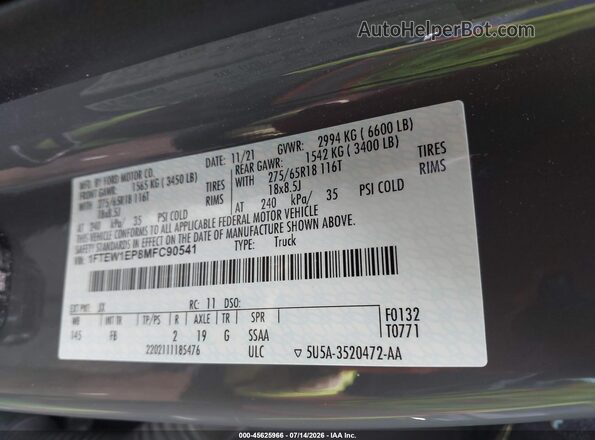1FTEW1EP8MFC90541 2021 FORD F150 Gray Շարժիչի բաժամունքի տեսք