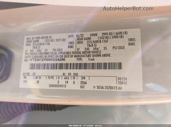 1FTEW1EP8NKE04286 2022 FORD F150 Silver Вид підкапотного простору