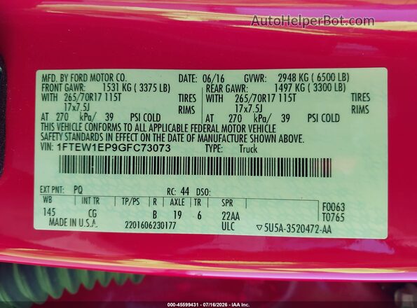 1FTEW1EP9GFC73073 2016 FORD F150 Red Vista del compartimento del motor
