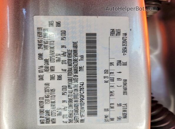 1FTEW1EP9GFC78743 2016 FORD F150 Серебряный Вид наклейки с VIN-кодом