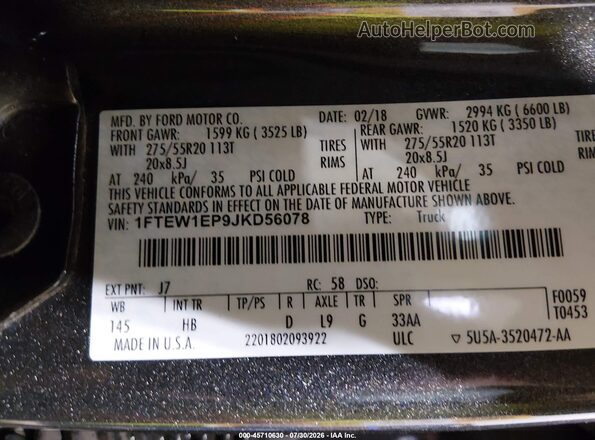 1FTEW1EP9JKD56078 2018 FORD F150 Серый Вид подкапотного пространства