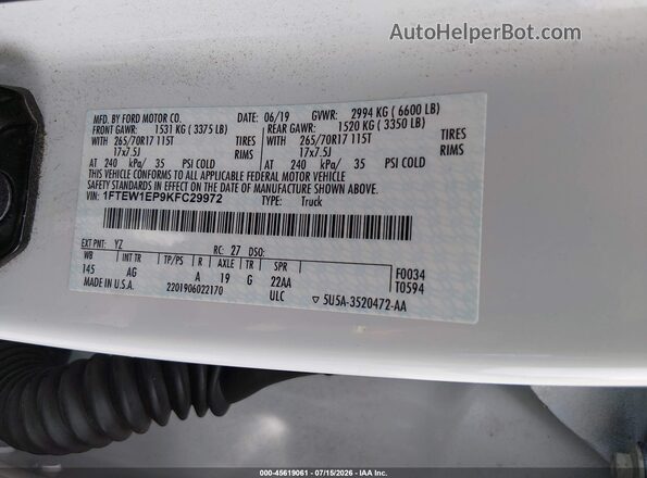 1FTEW1EP9KFC29972 2019 FORD F150 Белый Вид подкапотного пространства