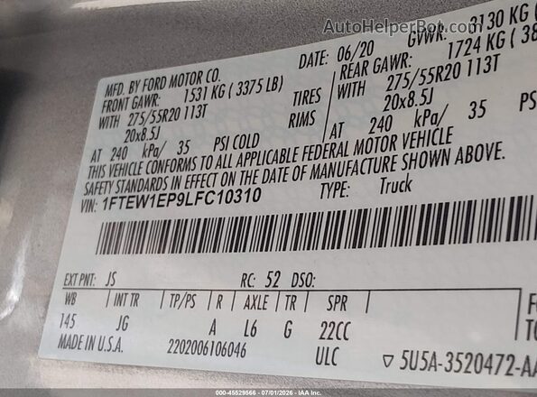 1FTEW1EP9LFC10310 2020 FORD F150 Silver Вид підкапотного простору