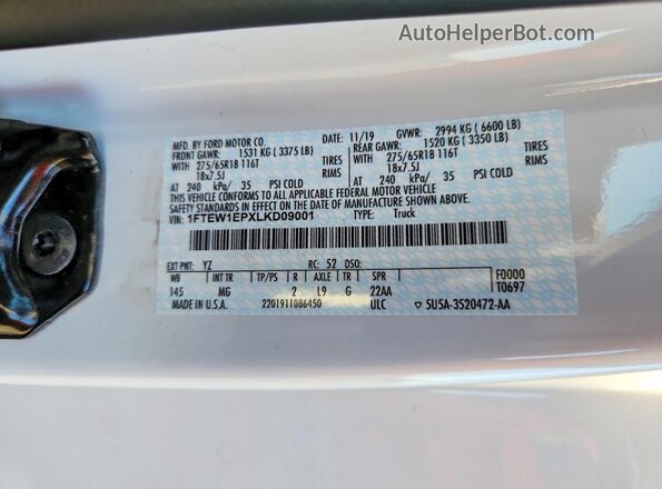 1FTEW1EPXLKD09001 2020 FORD F150 White Widok komory silnika