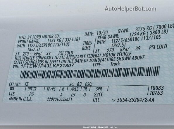 1FTEW1P43LKF21807 2020 FORD F-150 POLICE RESPONDER White Widok naklejki z numerem VIN